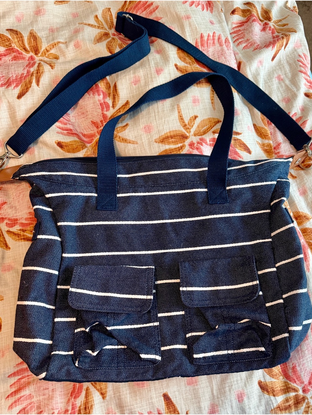 thirty-one Navy and White Striped Canvas Tote with Front Pockets
